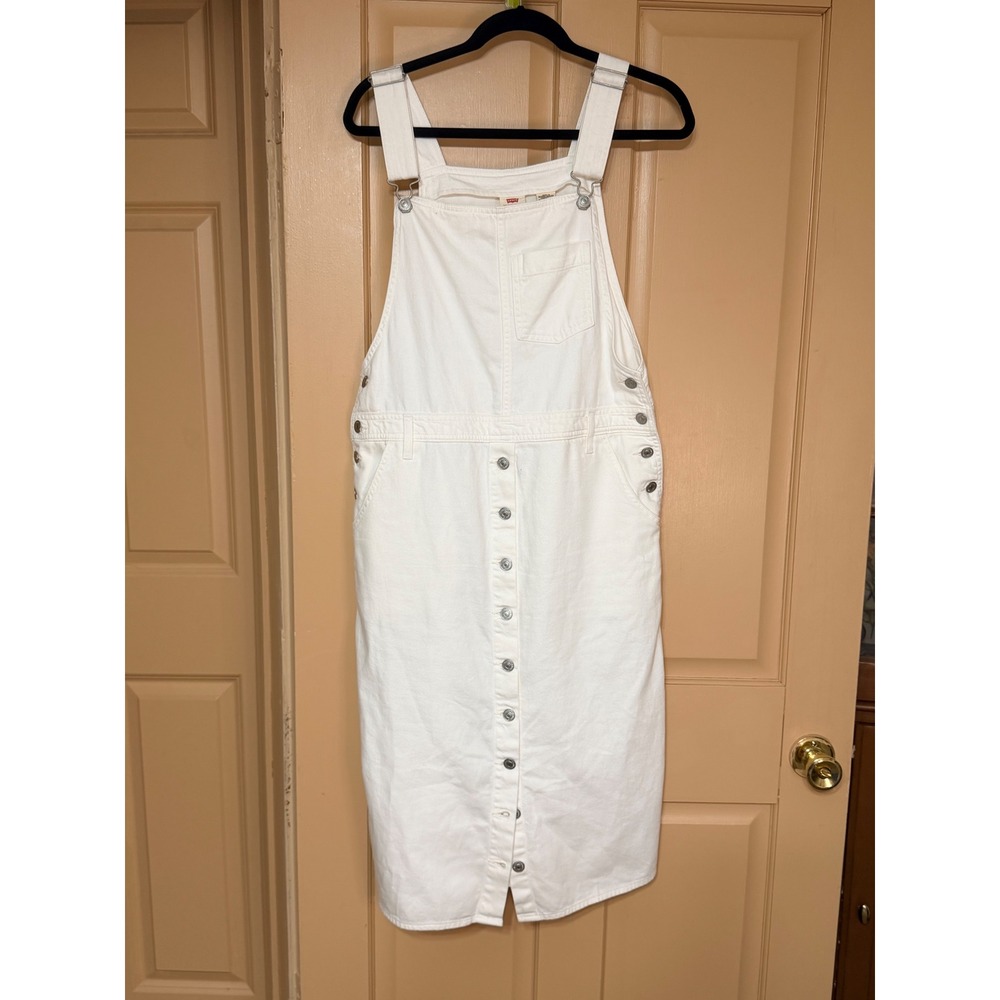 Levis Womens White Denim Overall Dress Button Front Midi Pinafore Large